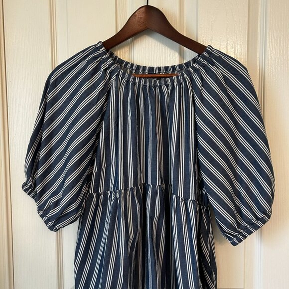 Old Navy Blue Striped Puff Sleeve Swing Top Shirt Medium - Picture 2 of 3